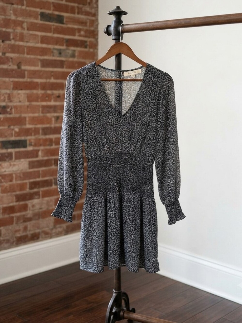 Smocked Waist Long-Sleeve Mini Dress in Black Floral